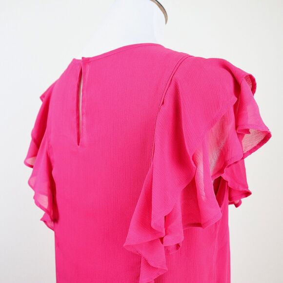 Ann Taylor Size M Flutter Sleeve Blouse Crinkle Chiffon Fuchsia Pink - Picture 6 of 12